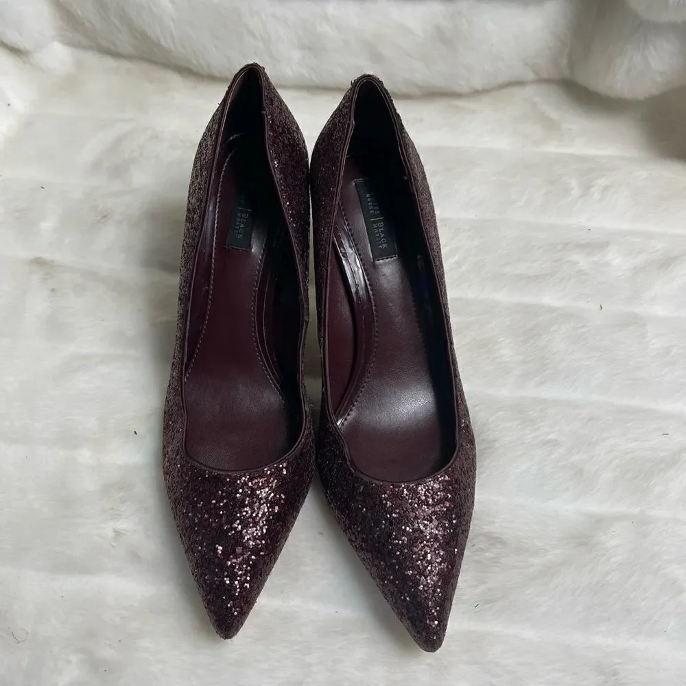White House Black Market Burgundy wine glitter Satin heels pointed toe Size9.5M